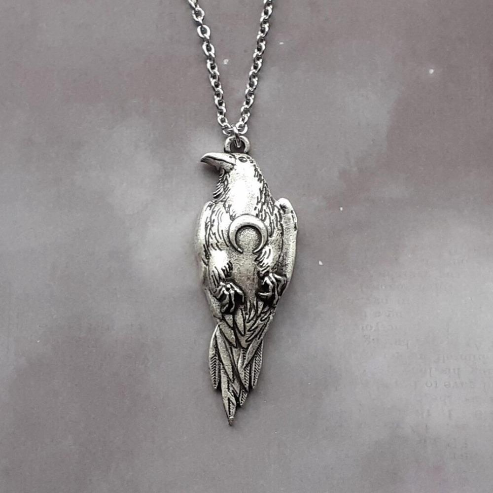 Viking Retro Silver Crescent Moon Raven Bird Dangle Earrings Necklace Set for Men Women Goth Halloween Pagan Witch Jewelry