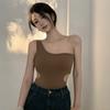 Camisoles pour femmes, couleur unie, asymétrique épaule dénudée, chemise à Base rembourrée, débardeur sans manches, pull léger, haut court