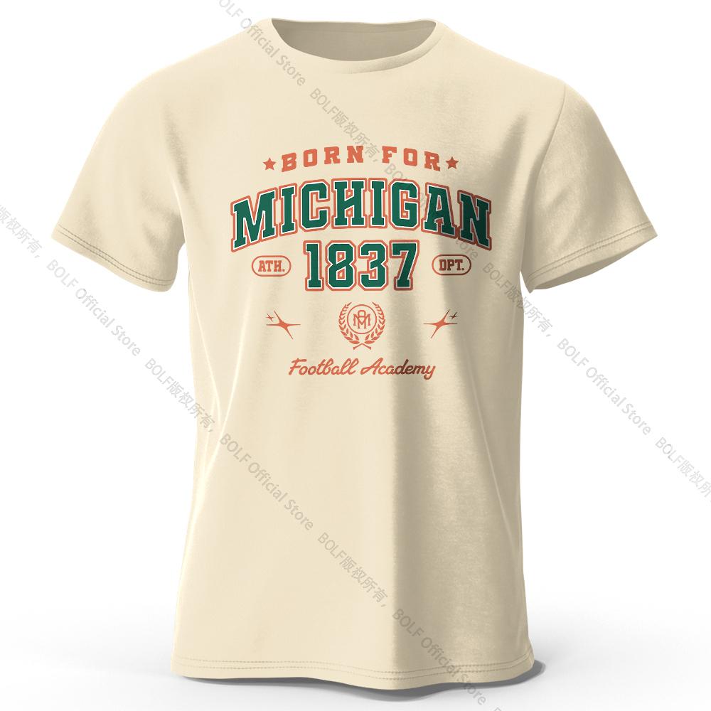 

Men s Born for Michigan Printed T-Shirt 100% Cotton Oversized State Pride Graphic Tees for Women Summer Tops Streetwear XXXL бежевый