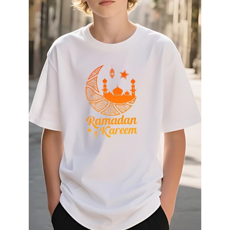 Boys Crewneck Short Sleeve T-Shirt, Eid Al-Fitr Print Summer Fashion Tee 110 белый