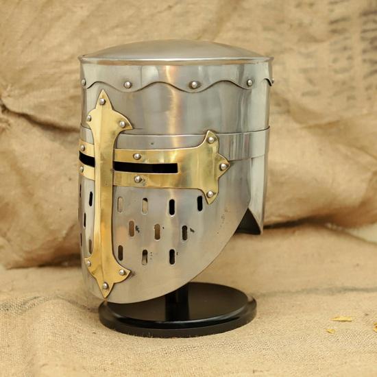 Handmade Crusader Great Helm Steel Knight Helmet with Brass Cross