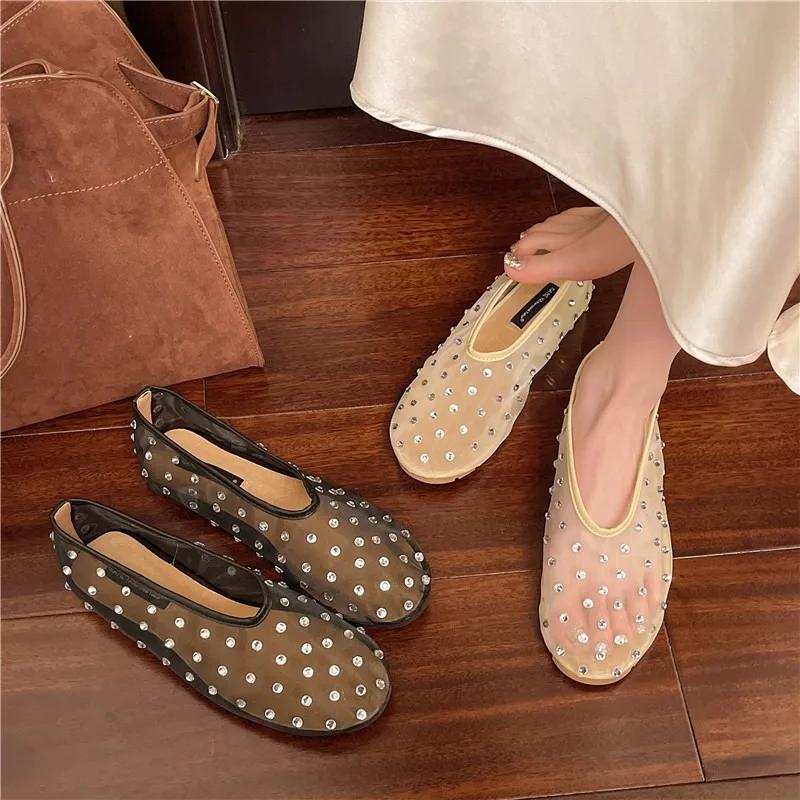 Women's Flat Shoes Mesh-edge Upper Rhinestones Soft Soles Shoes Women Dress Breathable Fairy Style One Kick Zapatillas De Mujer