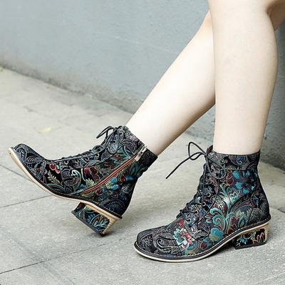 Genuine Leather Patchwork High Heels Retro Embossed Hand-painted Pumps Versatile Women's Shoes