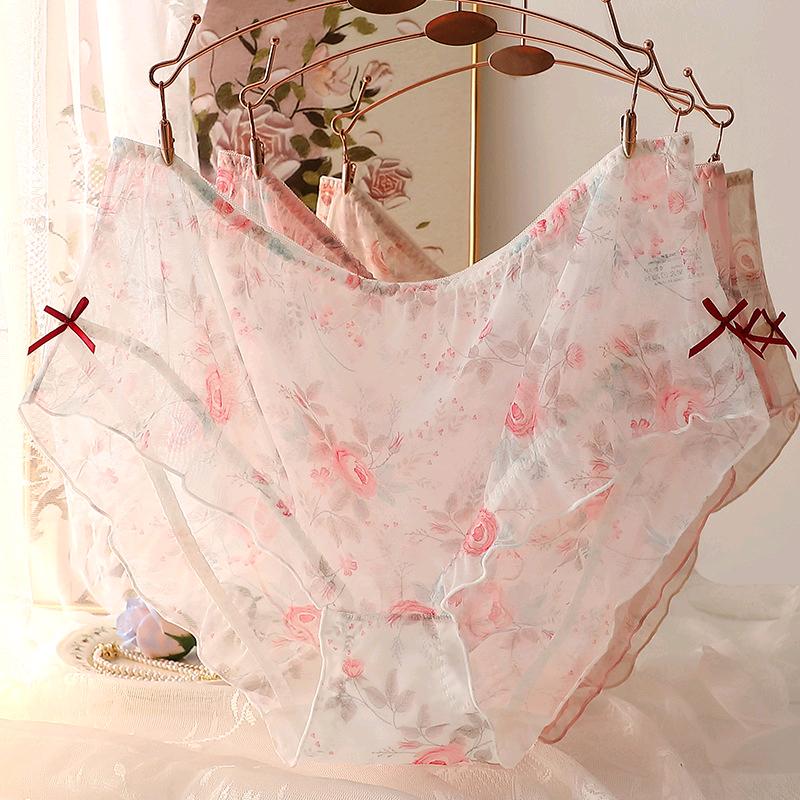 3 PCS Women's Plus Size Underwear Lolita Style Sexy Briefs Sheer Rose Tulle Panties L XL 2XL 3XL 4XL 5XL