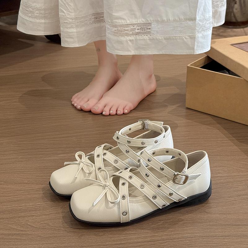 Fashion Silver bow small single shoes women's spring and summer new heightening real soft leather light mouth square head ballet shoes
