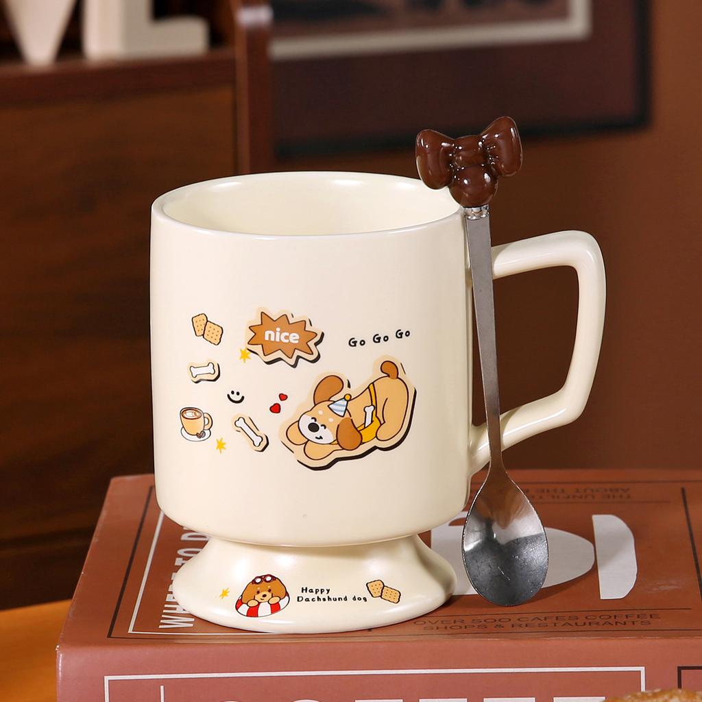 Dackel Keramik Wasserbecher Süße Tasse mit Deckel und Löffel Kreativer Jungenstil Kinder Frühstückstasse Große Kapazität