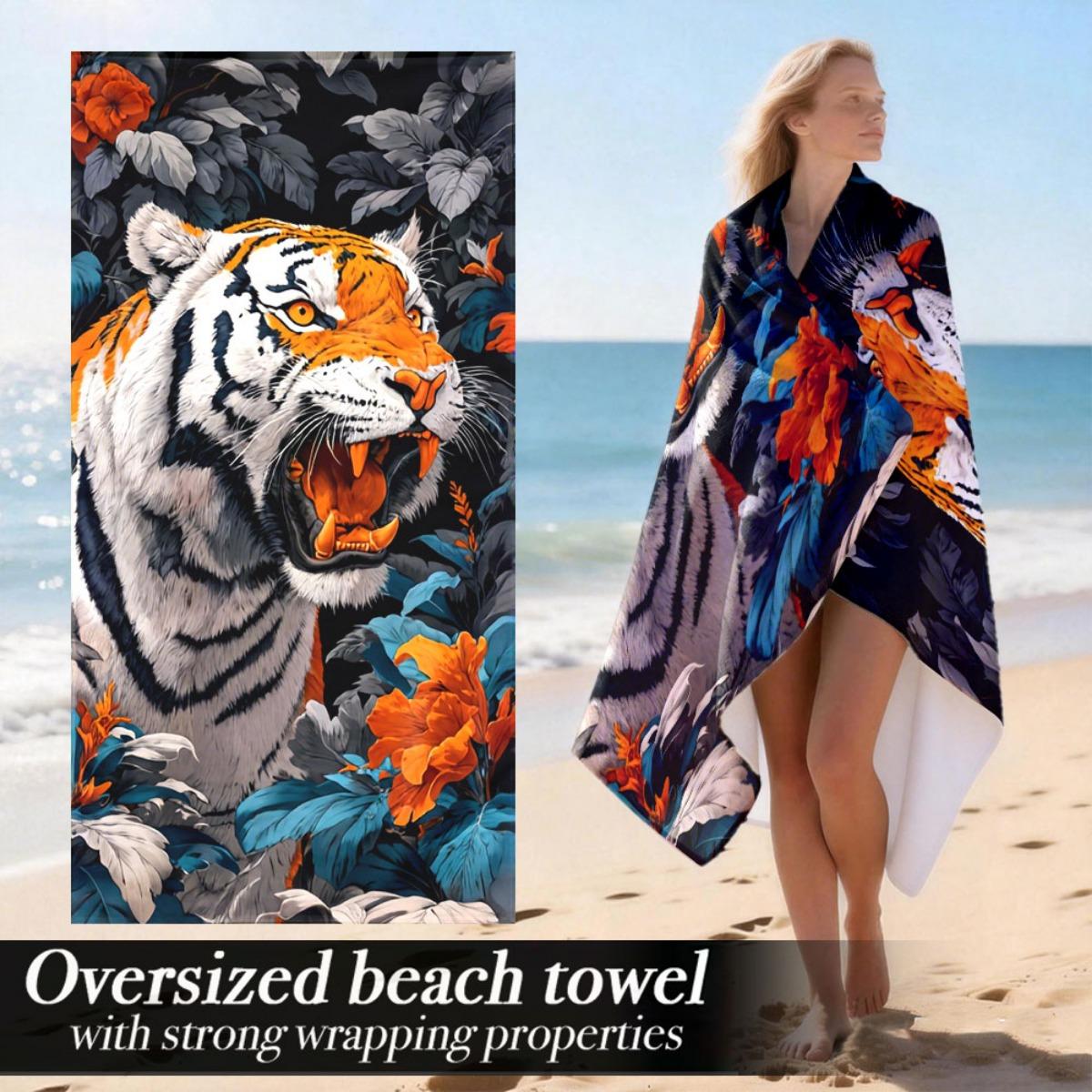 

Roaring Tiger & Flowers Oversized Beach Towel – Realistic Wildlife Art, Soft Lightweight, Perfect for Pool & Beach Use W40*H60(CM)