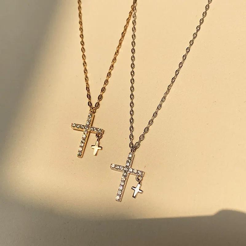 Charm Full Zircon Double Cross Pendant Necklace for Women Personality Collarbone Chain Jewelry Accessories Gift