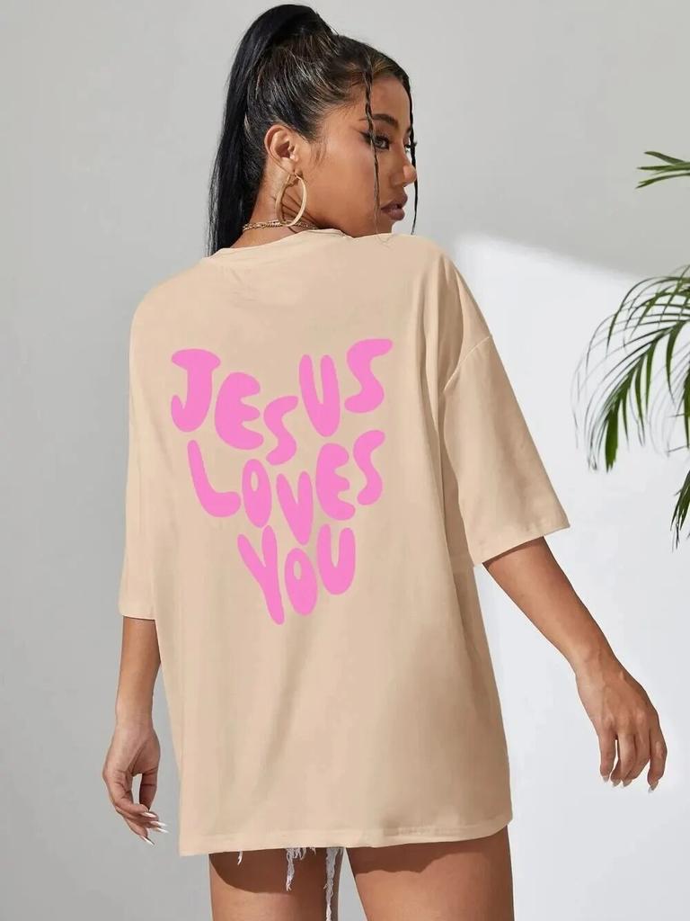 Jesus Loves Me Letter Prints Female Cotton TShirts Fashion ONeck Oversize Tops Casual Loose Soft Short Sleeve Women Clothing