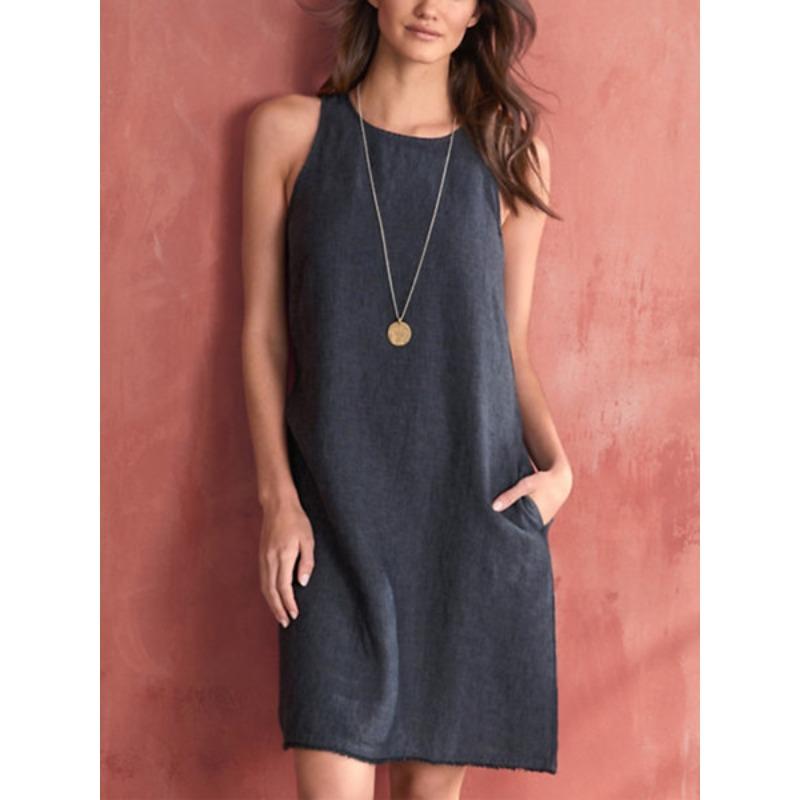 Kadın Modası Yaz İlkbahar Düz Renk Baskılı Kolsuz O Yaka Bol Beli Günlük Elbiseler