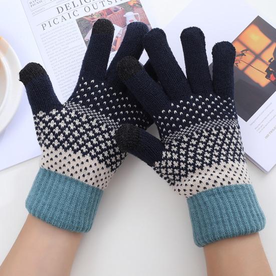 1 Pair Thickened Warm Full Fingers Touch Screen Ribbed Cuffs Women Gloves Winter Striped Splicing Double Layer Fleece Lining Knitting Gloves for Cold