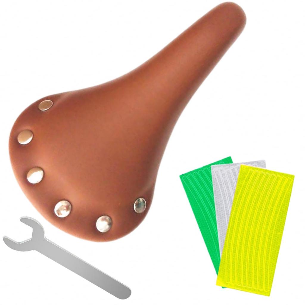 Sweet Plus Bicycle Saddle PU Includes Installation Tools Seat, Leather, Retro, Vintage, Antique, Classic, Rivets, Lightweight, Leather-Look, (Brown)