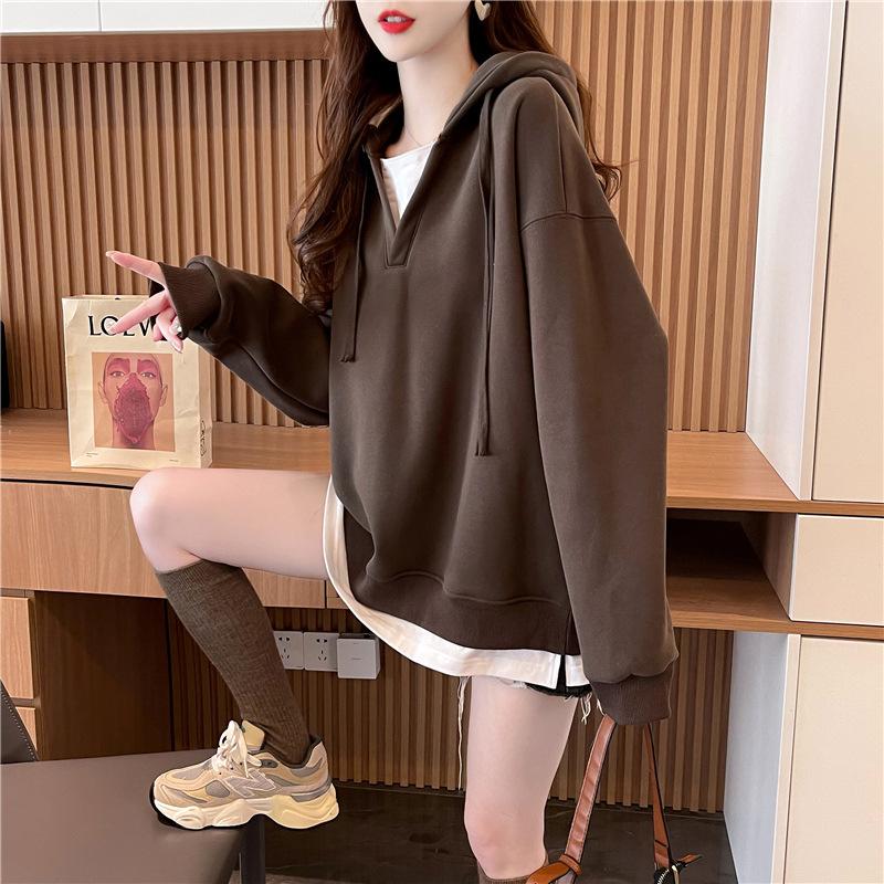 

Spring and Autumn new fake two-piece hooded sweater women s contrasting color splicing design sense loose medium and long top m size [recommended within 55kg]