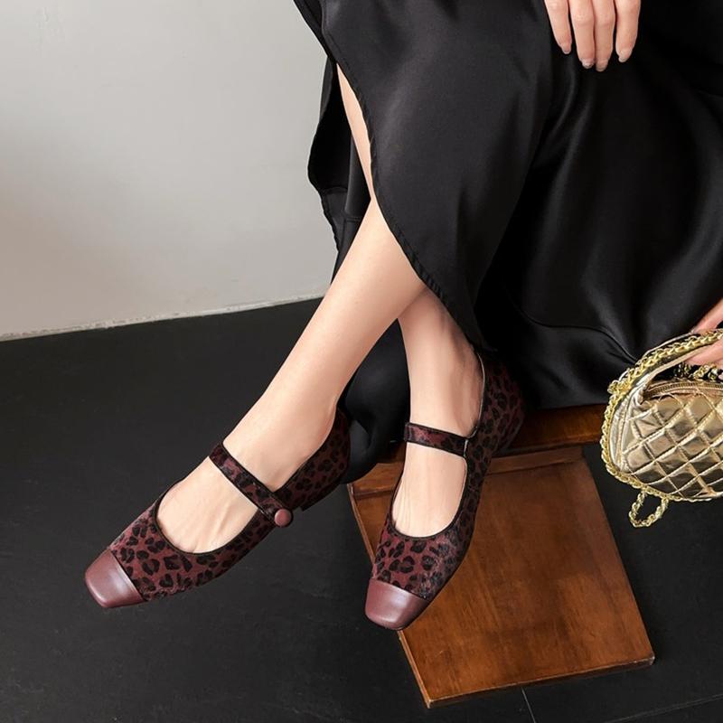 Mode NEU Herbst/Frühling Damen Pumps Eckige Zehenpartie Niedriger Absatz Schuhe Pferdehaar Schuhe Damen Prägnant Flach Slipper Leopard Mary Janes Schuhe