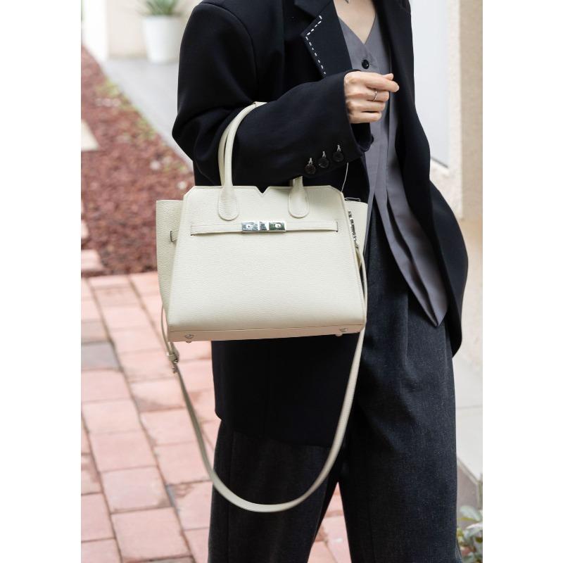 Leather platinum bag first layer cowhide handbag large capacity original bag women s new trendy fashion women s bag 30*12*24CM слоновая кость