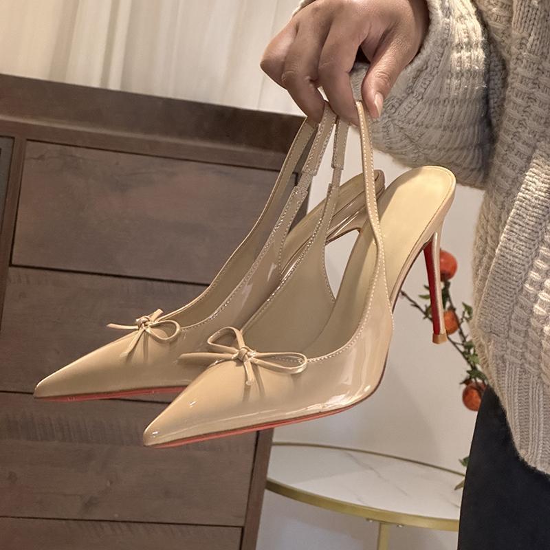 Pointed sandals French nude single shoes thin heel bow temperament beautiful patent leather bag head light mouth high heels