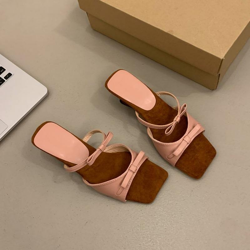 

Fashion 2025 New Fashion Square Head Open Toe Summer Slippers Elegant Bow Designer Opposite Heel Dress Party Slippers Zapatillas Mujer 35