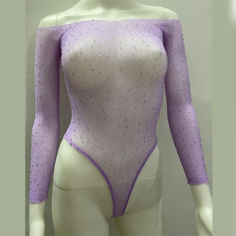 Womens Babydoll Lingerie Sheer Fishnet Mesh Long Sleeve Bodysuit Sparkling Rhinestones Jumpsuit Leotard Top Nightwear