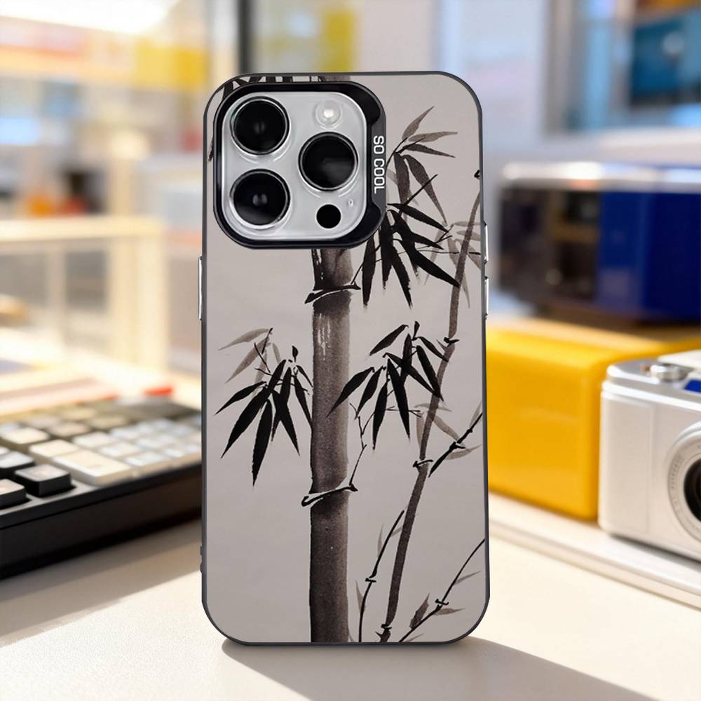Painting Chinese Style Bamboo Phone Case For iPhone 17,16,15,14,13,12,11,Pro,XS,Max,Plus,Mini,SE4,E IMD Matte Black