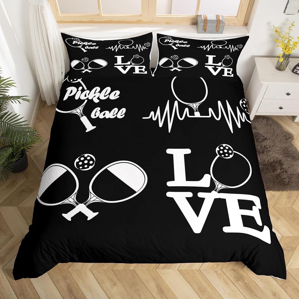 Pickleball Duvet Cover Full Size Ball Sports Gaming Bedding Set Yellow White Quotes Comforter Cover Black Microfiber Quilt Cover