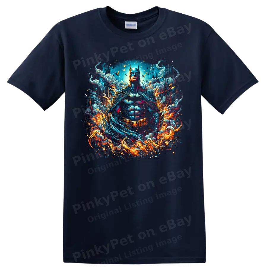 Batman T Shirt Colorful Superhero w/ Swirling Flames Comic Art Graphic Neon Art