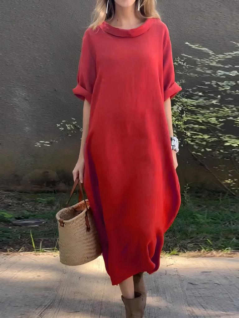 2025 Plus Size European & American Style Women’s Casual Loose Mid-Sleeve Swing Dress