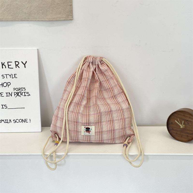 32 New fashion trend drawstring backpack beaded summer plaid canvas backpack simple commute