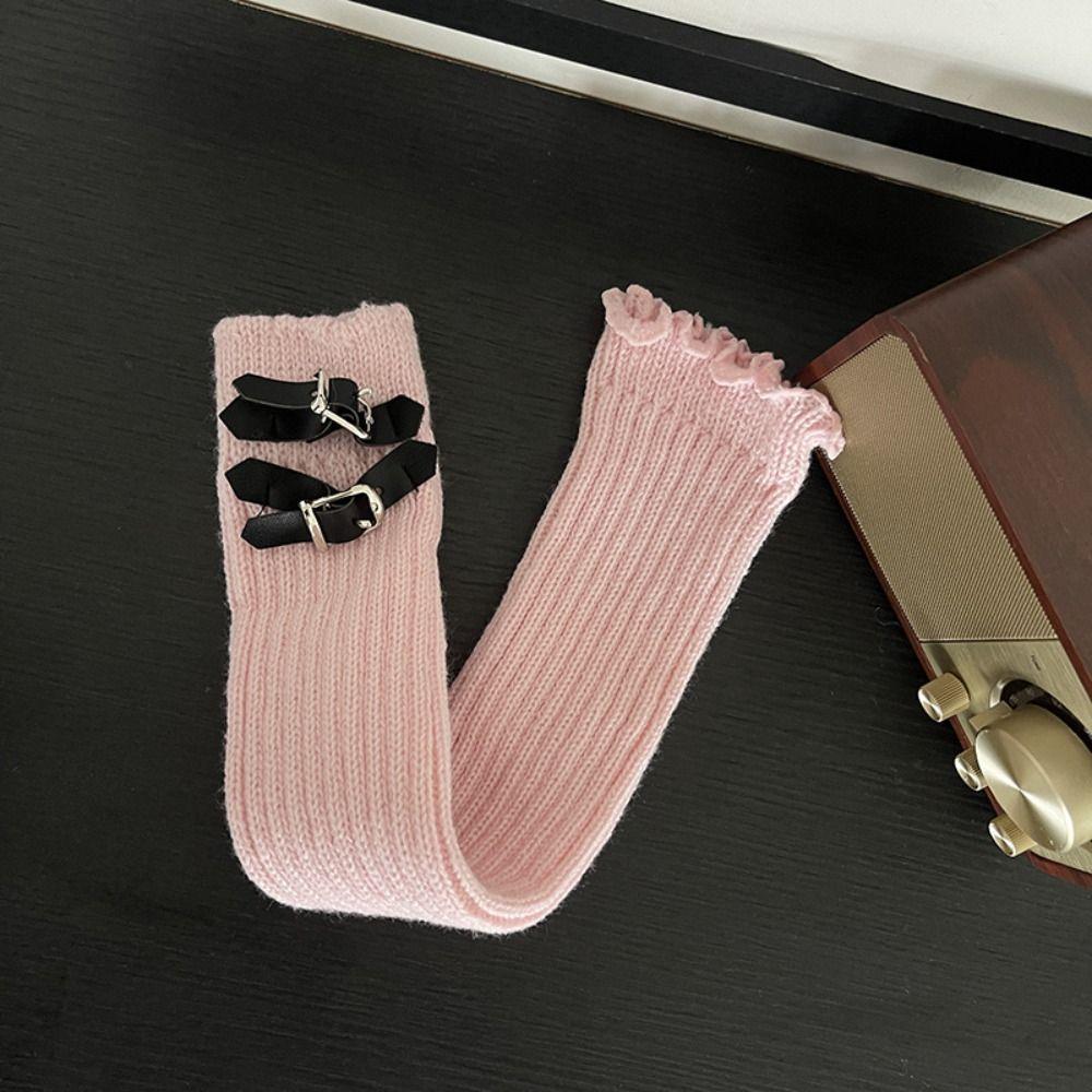 

Solid Color Knitted Leg Warmers PU Buckle Foot Cover Women Y2K Elastic Ruffle Socks Streetwear розовый