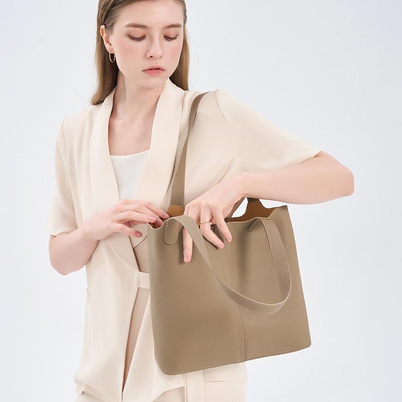 Leather Women's Bags, Shoulder Bags, New Two-layer Cowhide Bucket Bags, Handbags, Fashionable and Versatile Commuter Tote Bags