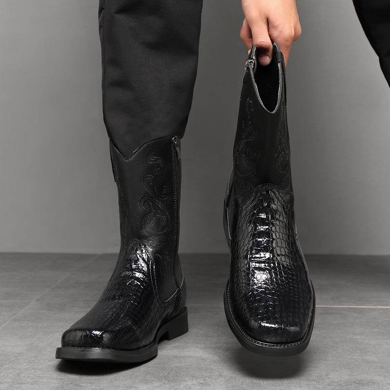 Fashion Men's Wide Width Tall Cowboy Boots Fall 2025 PU Leather High Shaft Western Embroidered Workwear Vintage Riding Boots for Outdoor