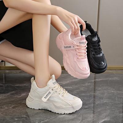 2024 Neue Lässige Damen Schuhe mit Runder Spitze, Keilabsatz, Mesh-Schnürung, Sommer-Mode, Erhöht, Atmungsaktiv, Bequem, Damen-Sneakers