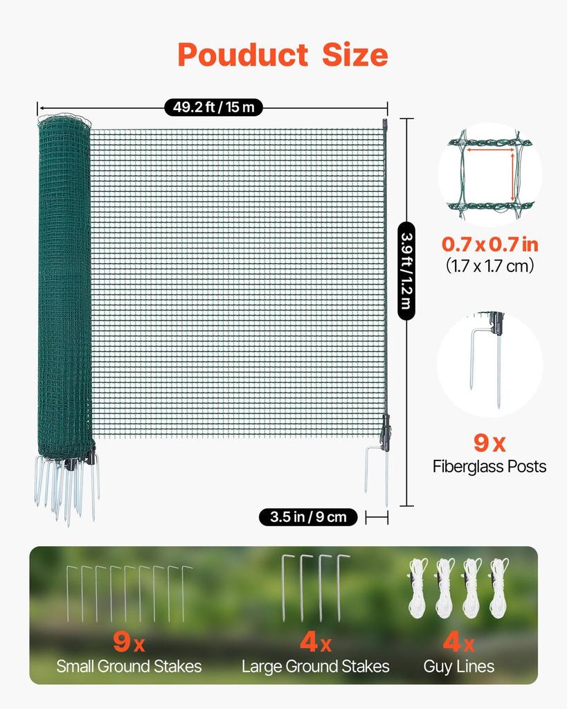 Temporary Fence with Posts, 1.2 X 15m Plastic Mesh Fencing, Garden Safety Fences Netting with Double-Spike Stakes & Guy Ropes, Temporary Fence for