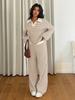 Damen gestreift Kontrastfarbe Revers Langarm Weitbeinige Hose Loungewear Set