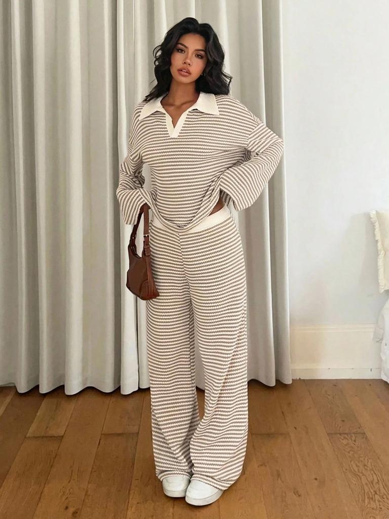 Damen gestreift Kontrastfarbe Revers Langarm Weitbeinige Hose Loungewear Set