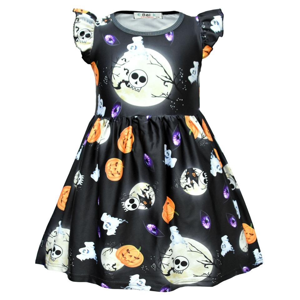 European And American Children'S Skirts Halloween Horror Night Children'S Dresses Short Ruffle Sleeves Girls Clothes Round Neck Evening Dresses