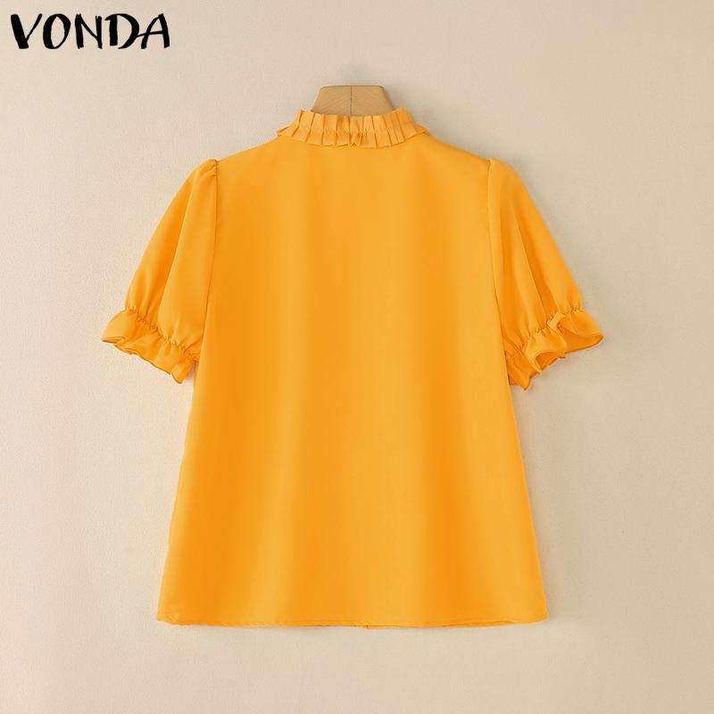 VONDA Elegant Women Blouse Casual Puff Sleeve V Neck Crochet Hem Ruffled Tops