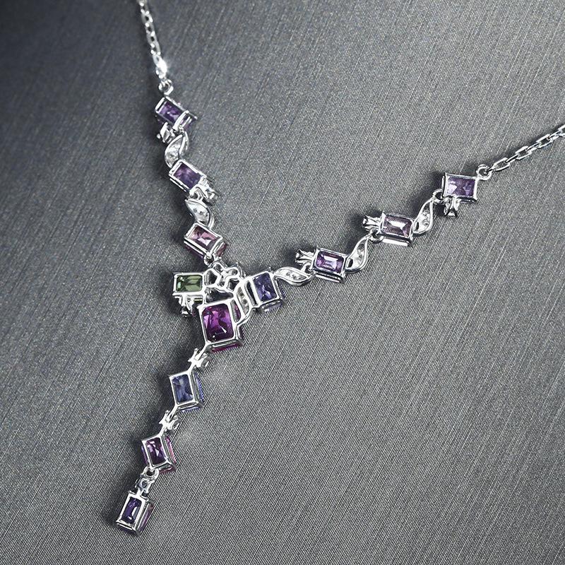 Light Luxury Design Simulation Papalacha Sapphire Colored Treasure Necklace, Lavender Purple Pink Diamond Tourmaline Set Chain For Women