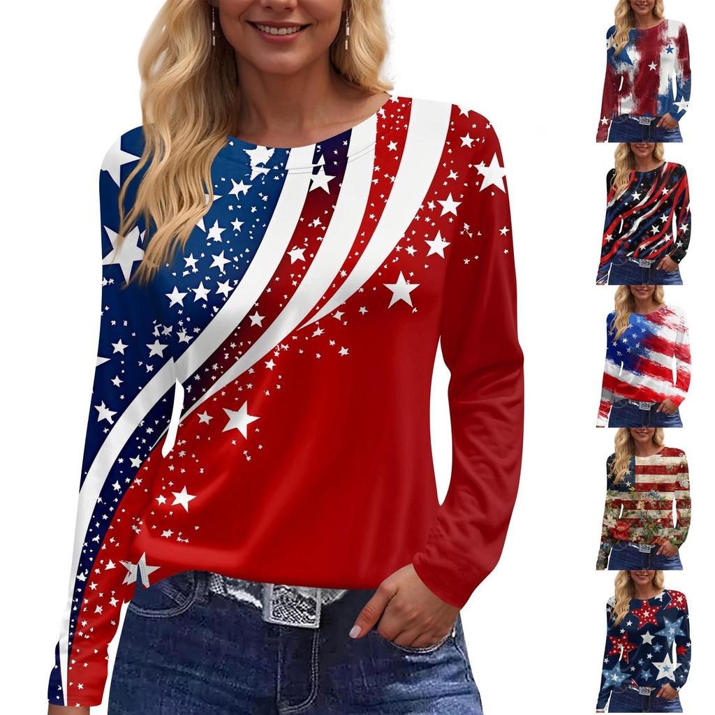 Women’s Long Sleeve Crewneck Top with American Flag and Floral Print Casual Loose Fit Pullover for Daily Wear