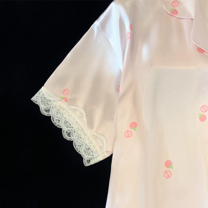 Sweet Little Fruit Ice Silk Pajamas Women'S Summer Short-Sleeved Trousers Lace Princess Wind Pure Desire Loungewear Real Shot