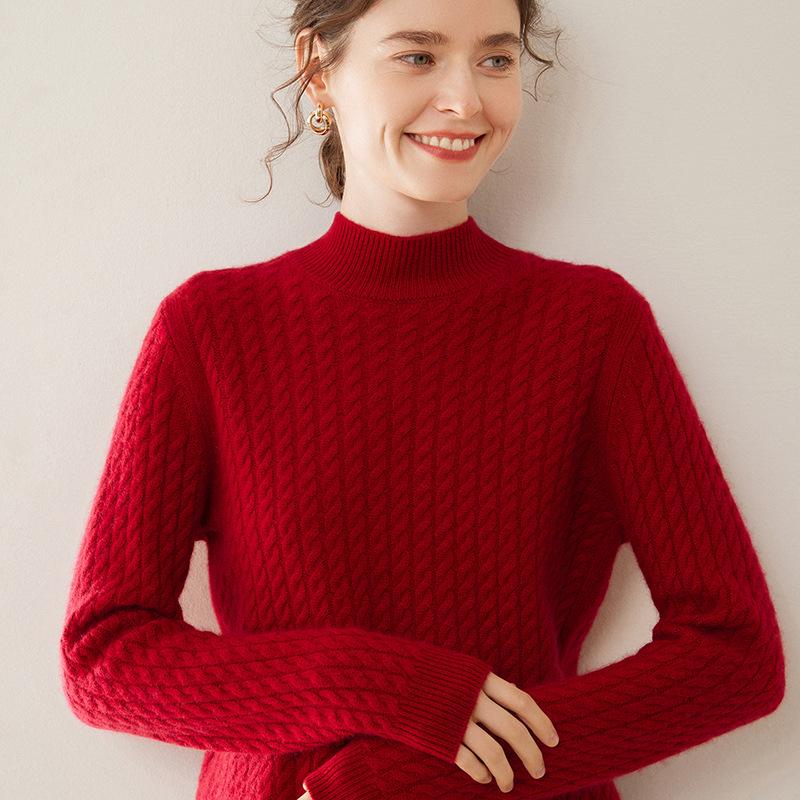 Women's Half-High Collar Cable Knit Cashmere Sweater - Korean Style Thick Pullover for Autumn and Winter