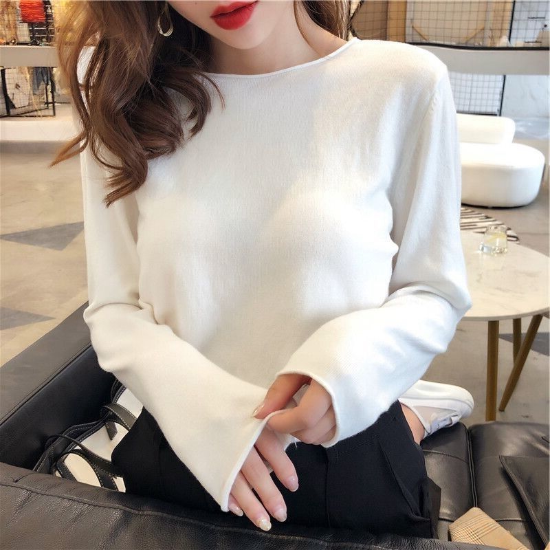 Sweater Base Shirt, Women's Long Sleeved Shirt Spring and Autumn Round Neck Loose and Versatile Knitted Shirt Top