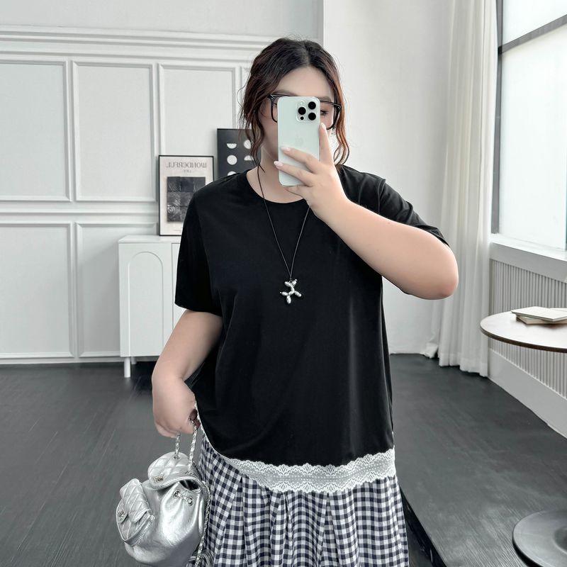 Plus size women clothing [Lace Cool T] Ice Porcelain Cotton Short sleeve T-shirt Chubby Girl Summer 100.00kg Belly Covering Slimming Top