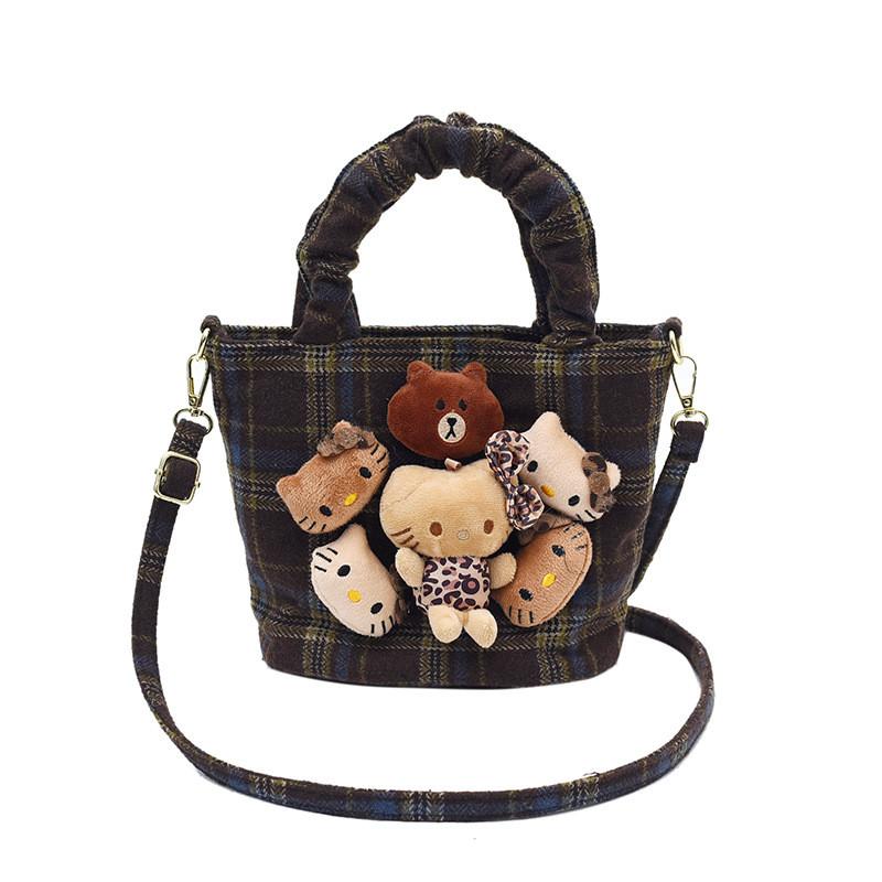 IELGY Fashion Cute Doll Handbag Autumn Winter Woolen Check Bucket Bag Large Capacity Crossbody Bag