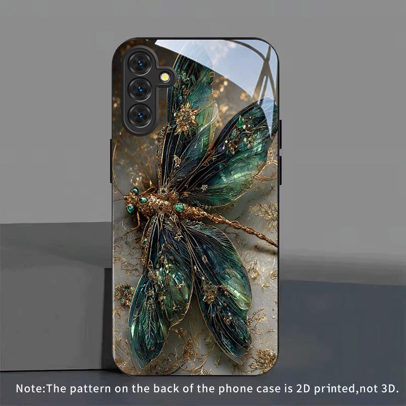 Gilded Emerald Dragonfly Black Glass Phone Case for Samsung Galaxy S26/S25 Ultra/S24/S24 FE/S24 Plus/S24 Ultra/S23+/S22+/S21 5G