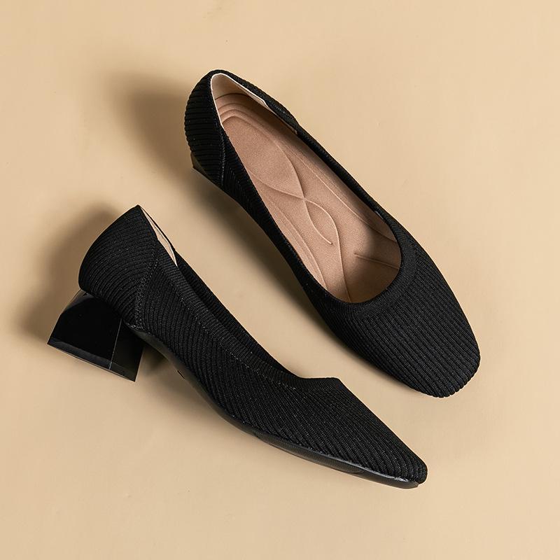 Women’s Breathable Knit Square Toe Chunky Heel Casual Shoes - 4cm Medium Heel, Plus Size, Soft Sole, Summer Style.