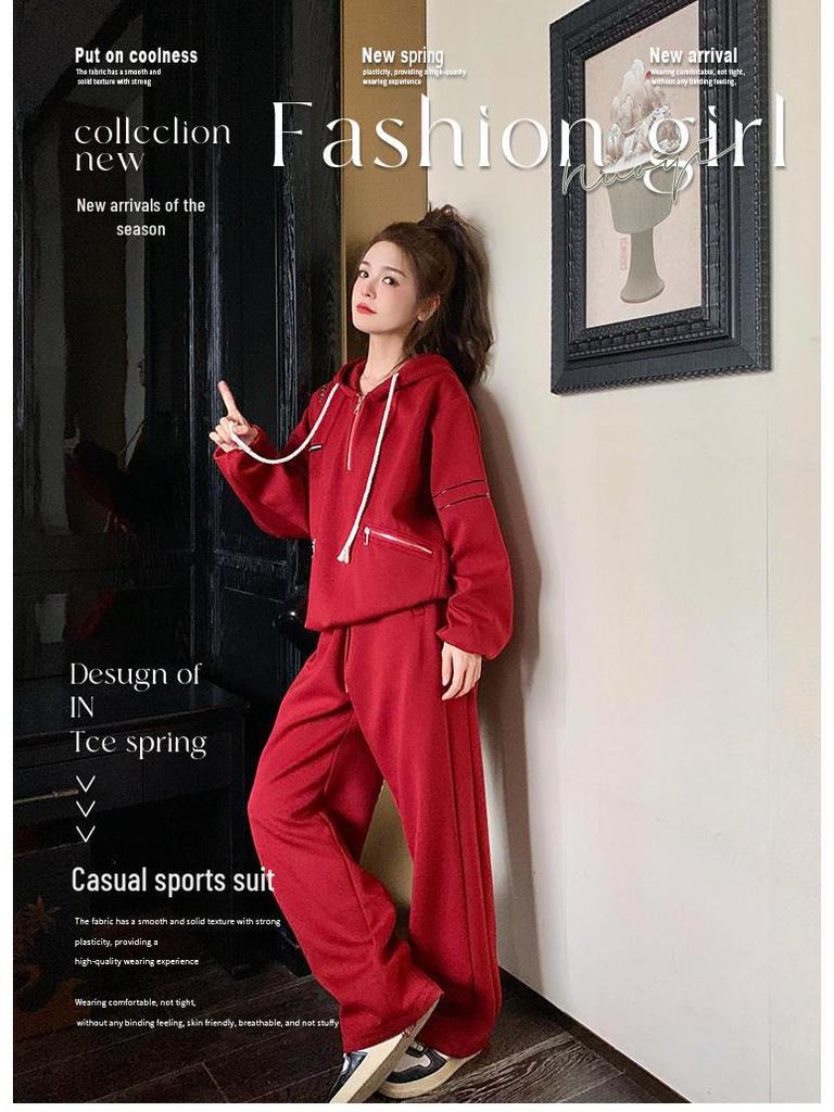 Women's Red Casual Sports Sweater & Wide-Leg Pants Set, 2024 Korean Style, Age-Reducing, Perfect for Spring/Autumn.