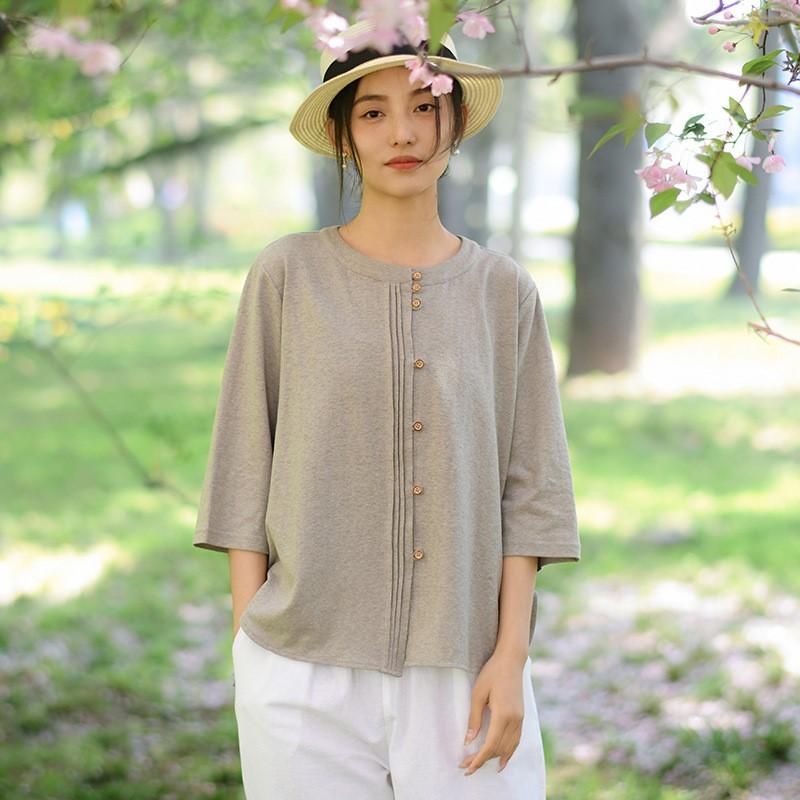 Johnature Dámská pletená trička Jednobarevná s kulatým výstřihem Jarní Sedmirukávová Knoflíková Skládaná Ležérní Trička