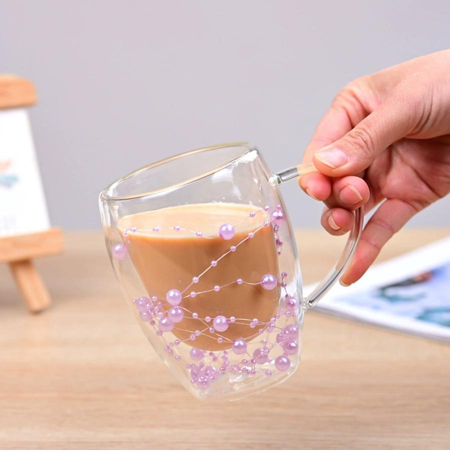 

Double-walled glass coffee/milk tea cup with embedded pearl strand decoration 1pc