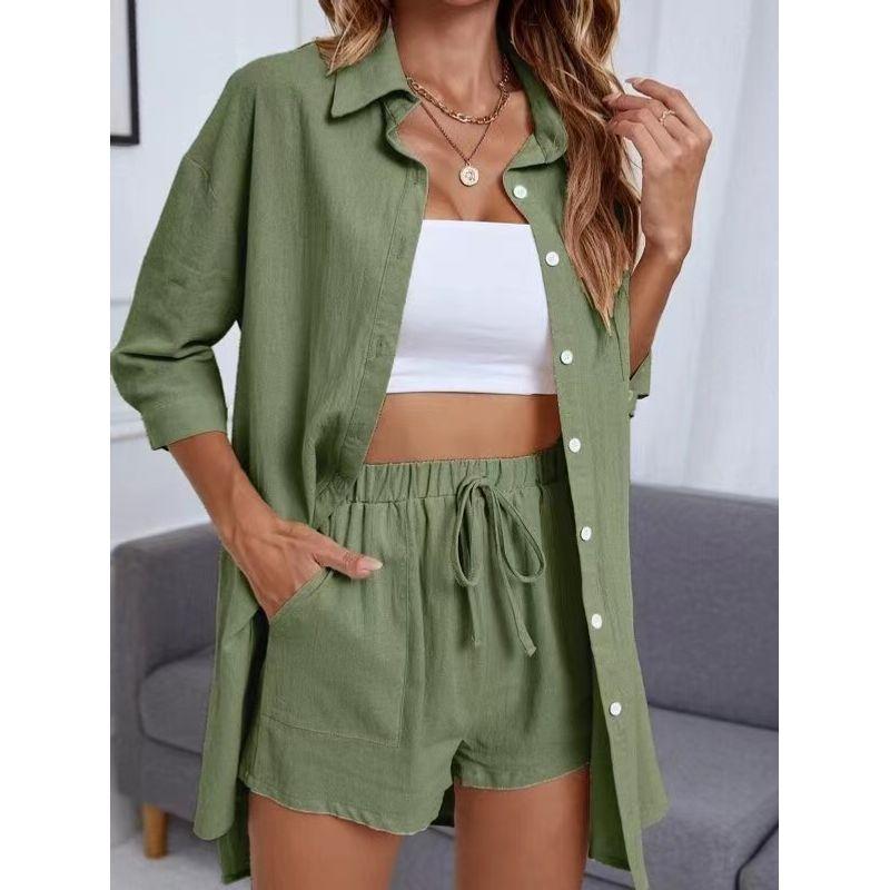 

Fashion Style Fashion Single-Breasted Shirt Shorts Pure Color Casual Loose Outfit Shirt and Shorts Set Army Green XS