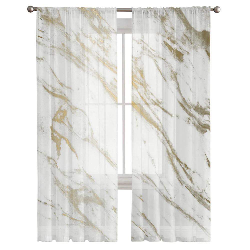 Weißer und goldener Muster-Marmor-Voile-Vorhang für Wohnzimmer, transparenter Tüll-Fenstervorhang für Schlafzimmer-Accessoires-Dekor